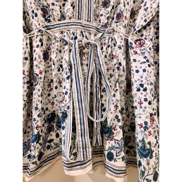 MAXSTUDIO Floral Blouse Tie Waist‎ Balloon Sleeve V Neck Boho Rayon Top - Picture 3 of 10